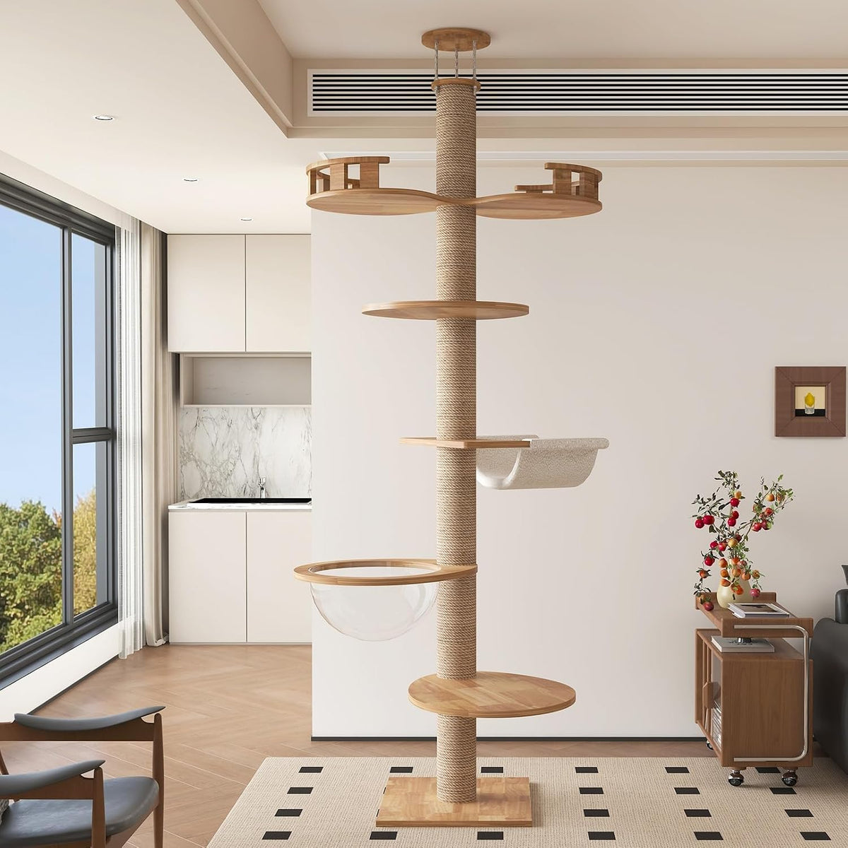 Floor-to-ceiling cat scratching tower with solid wood posts and top perch