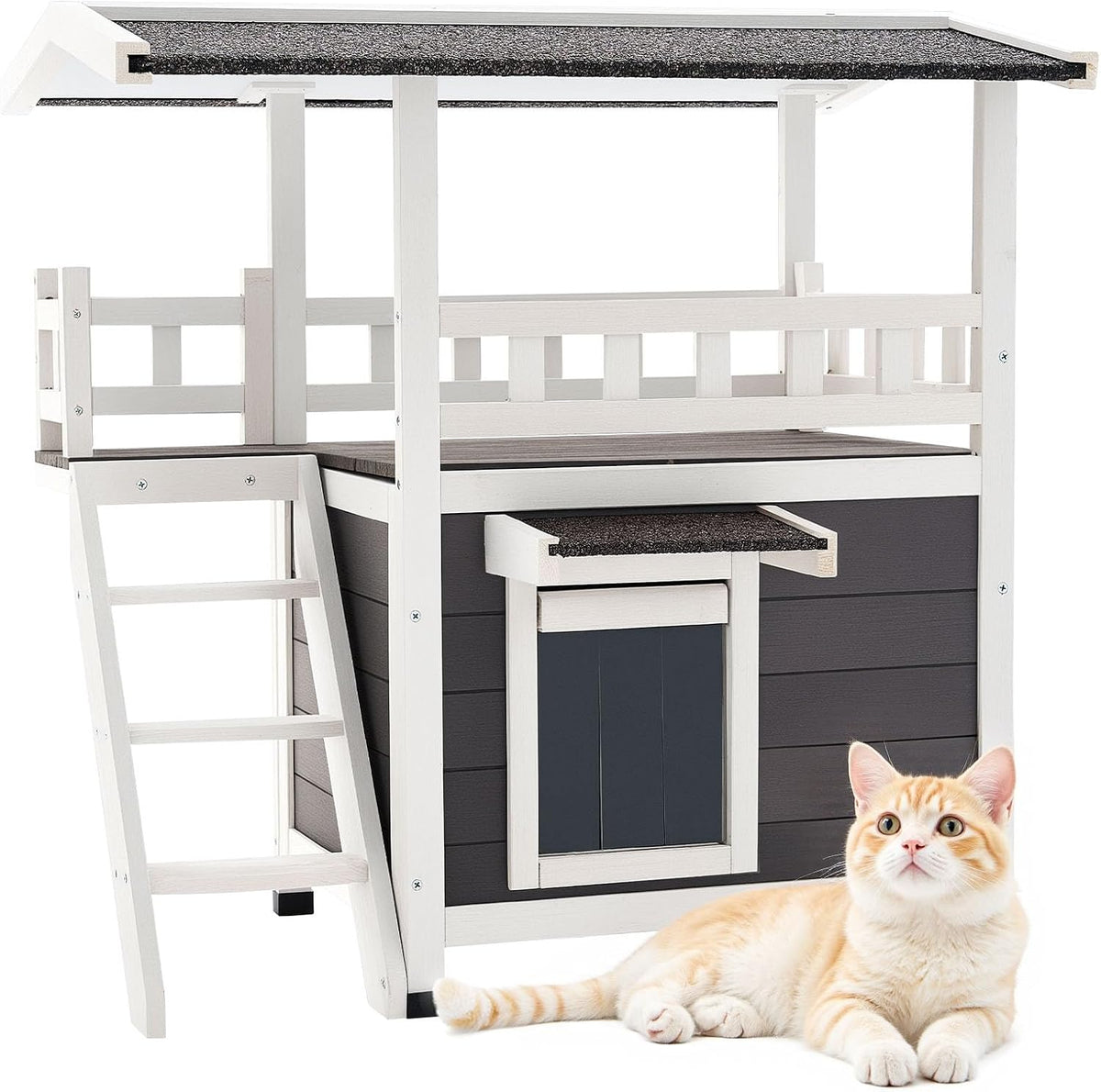 Insulated wooden cat house with asphalt roof and raised platform – view 2