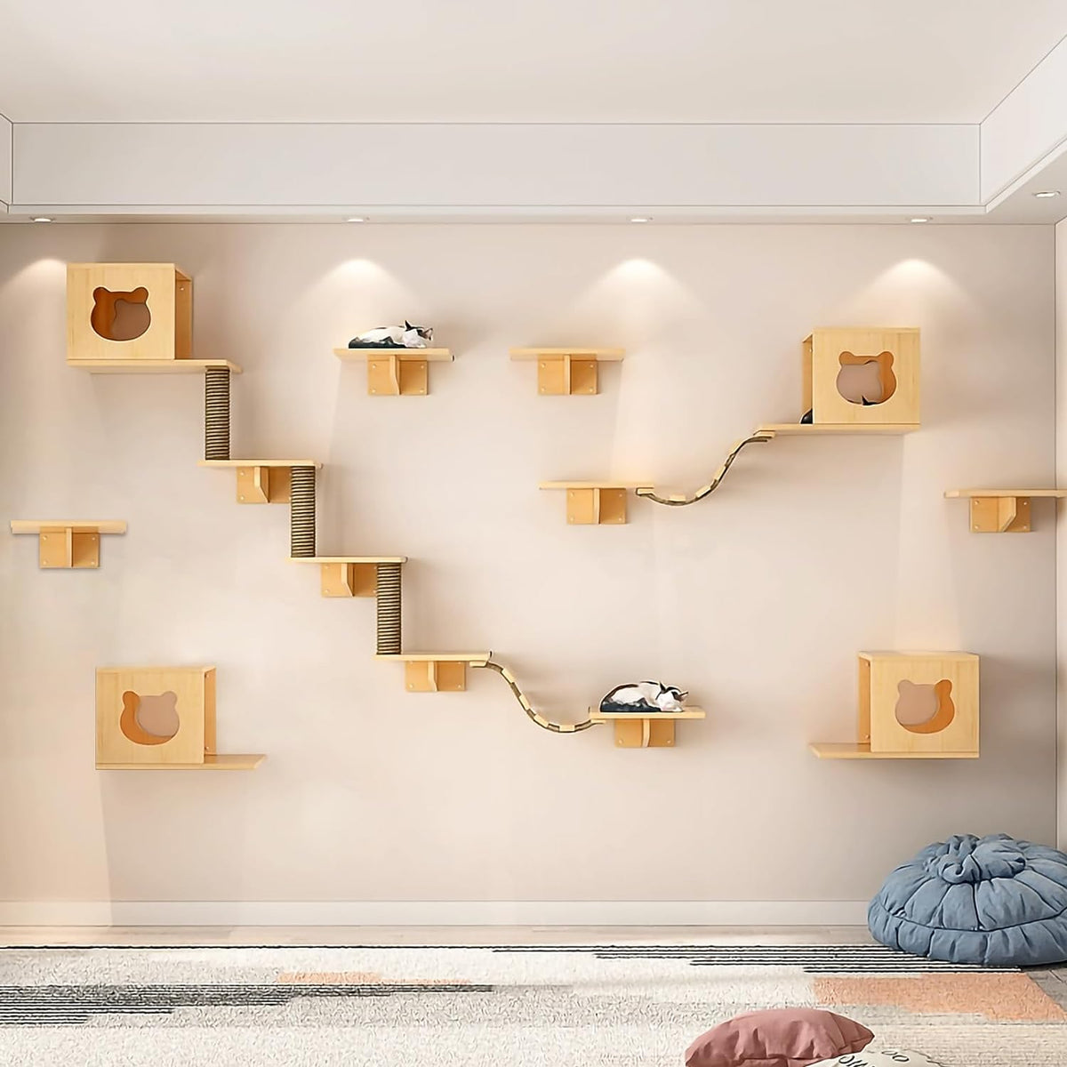 Wall-mounted cat shelves with condos, bridge ladders and sisal posts – view 2