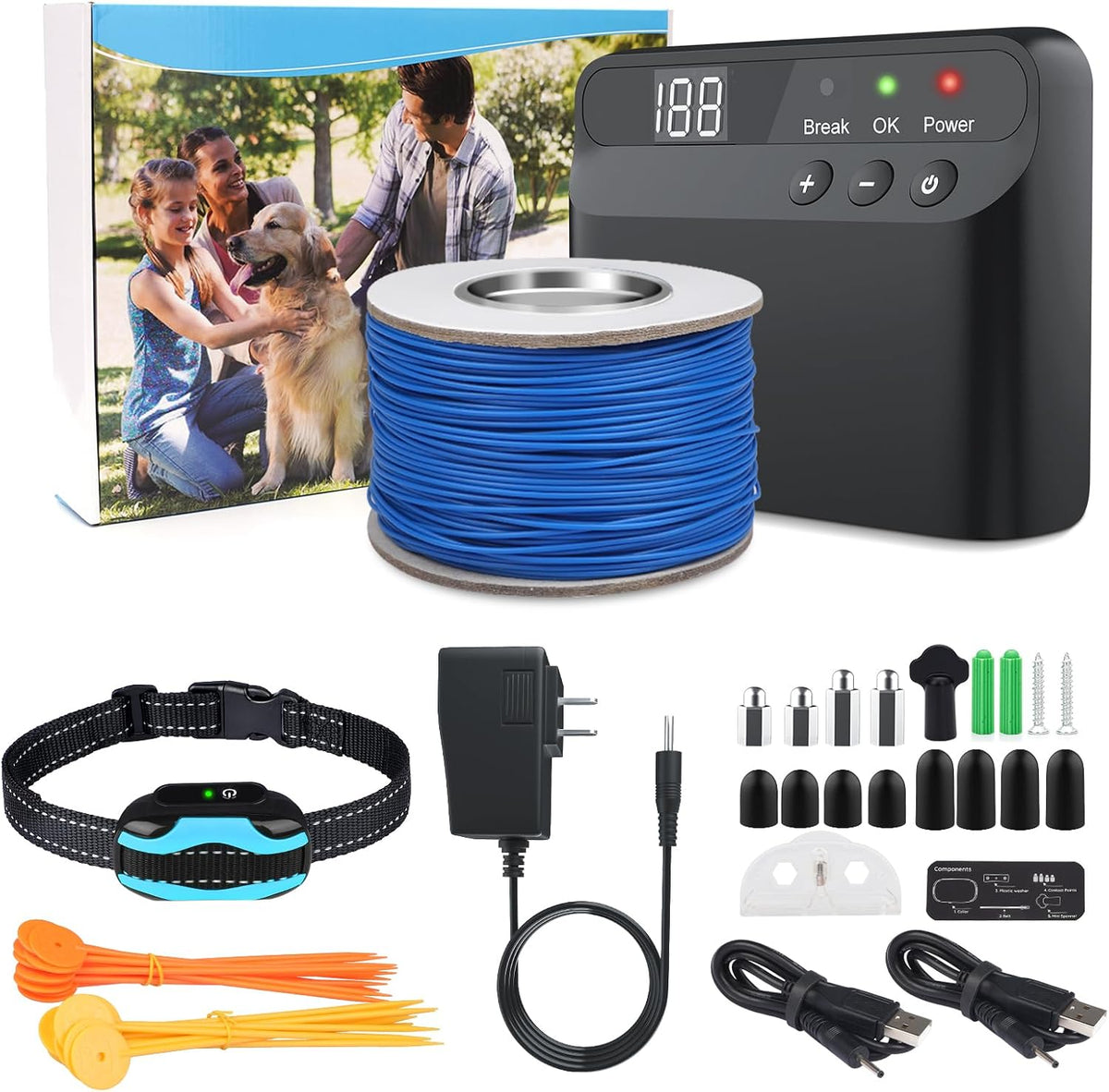 Electric dog fence transmitter with boundary wire spool and two receiver collars – view 2