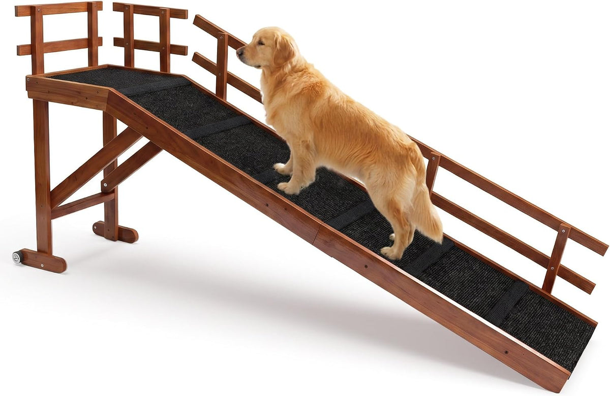 Wooden dog ramp with side rails and top platform leading to a high bed