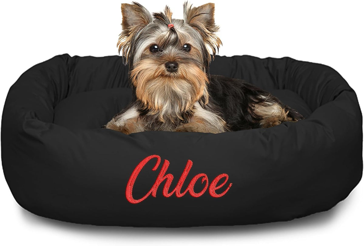 Red round bagel dog bed with wraparound bolster and custom name, X-Large – view 17
