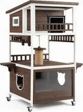 Brown two-story weatherproof wooden outdoor cat house