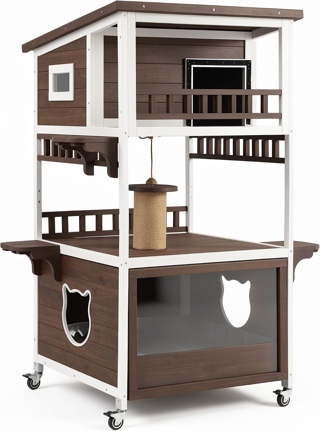 Brown two-story weatherproof wooden outdoor cat house