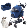Blue foldable four-wheel pet stroller with mesh window and storage basket
