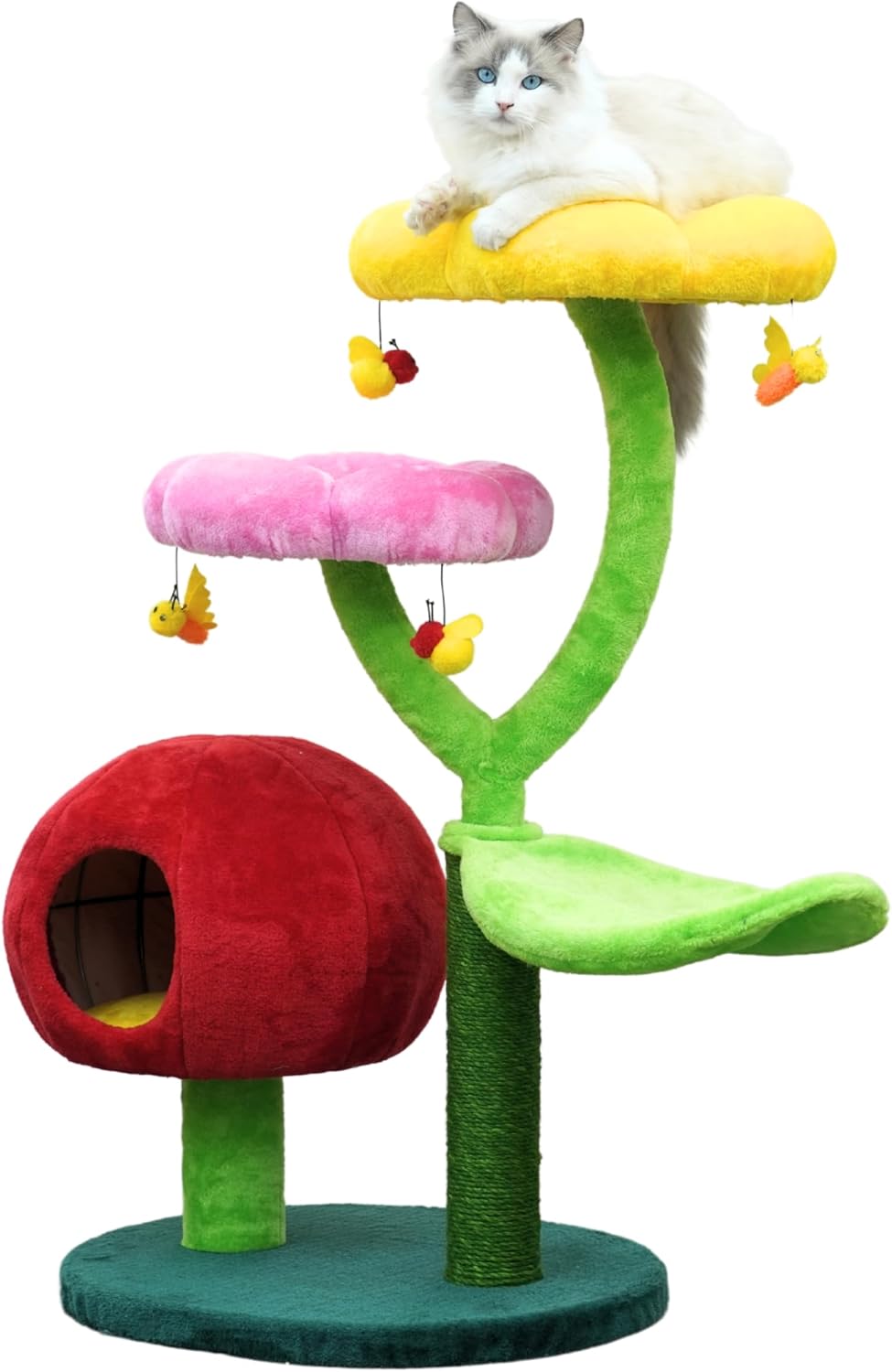 Floral cat tree with flower-shaped plush perches, hideaway condo and sisal posts