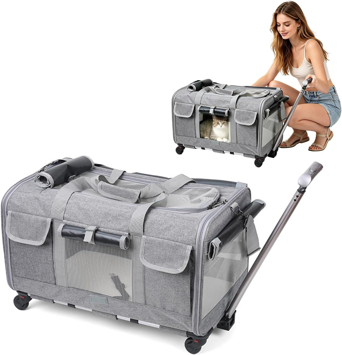 Rolling pet carrier with wheels, telescopic handle and shoulder strap – view 3