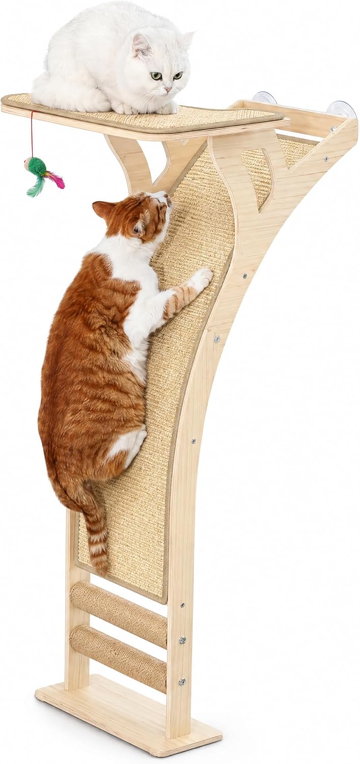 48 inch wooden cat window perch with sisal scratching ramp against a window