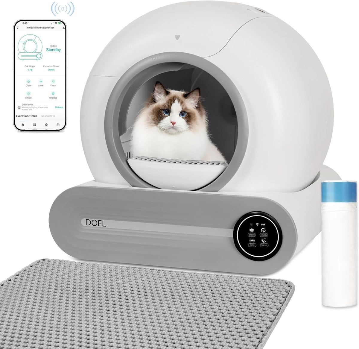 Grey and white self cleaning automatic cat litter box