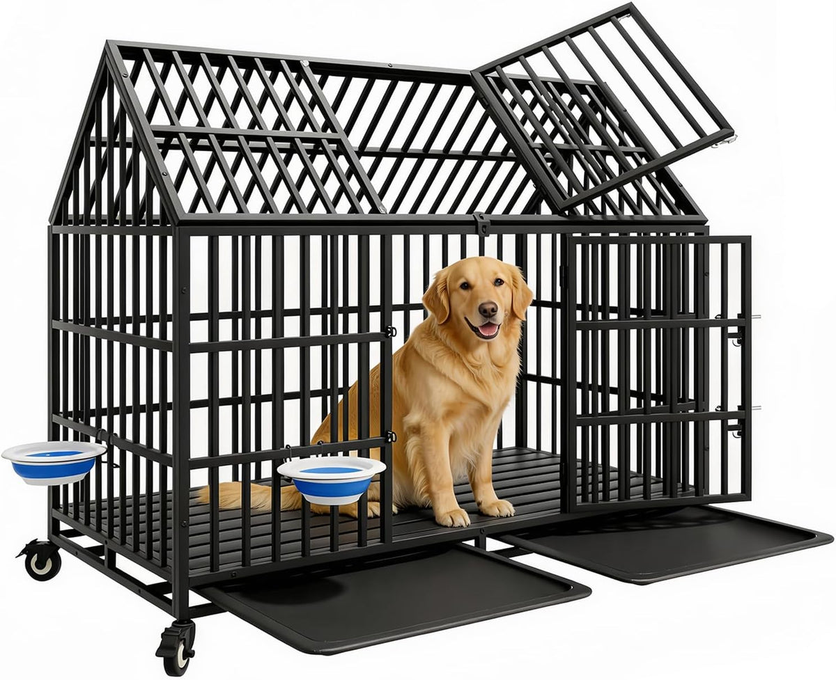 54 inch heavy duty steel dog crate with double doors and swivel wheels