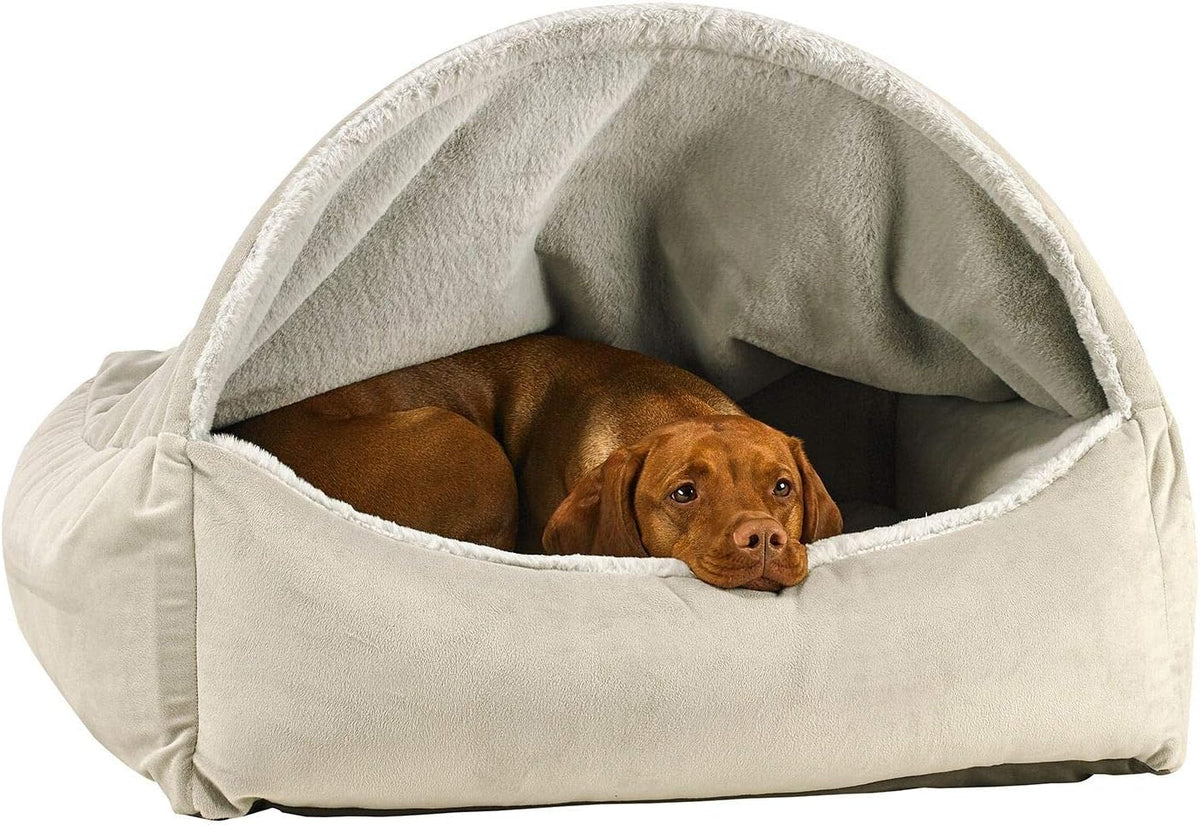 Faux fur canopy dog bed with overstuffed bolsters and tufted cushion