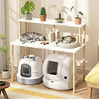 Cat Litter Tray Storage Shelf Rack, 2-Tier Wood Enclosure Stand