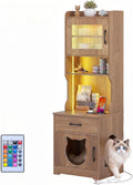 Tall wooden litter box enclosure with LED lit storage shelves – view 2
