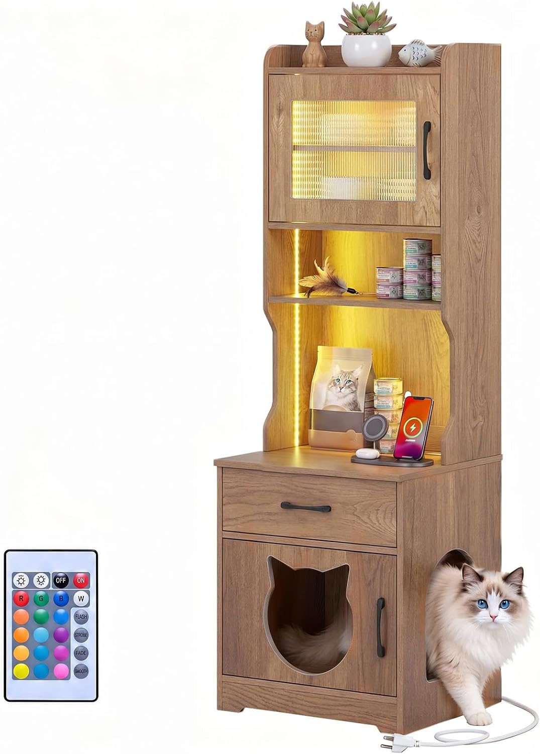 Tall wooden litter box enclosure with LED lit storage shelves – view 2