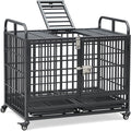 Black heavy duty metal dog crate with top door, feed door and wheels