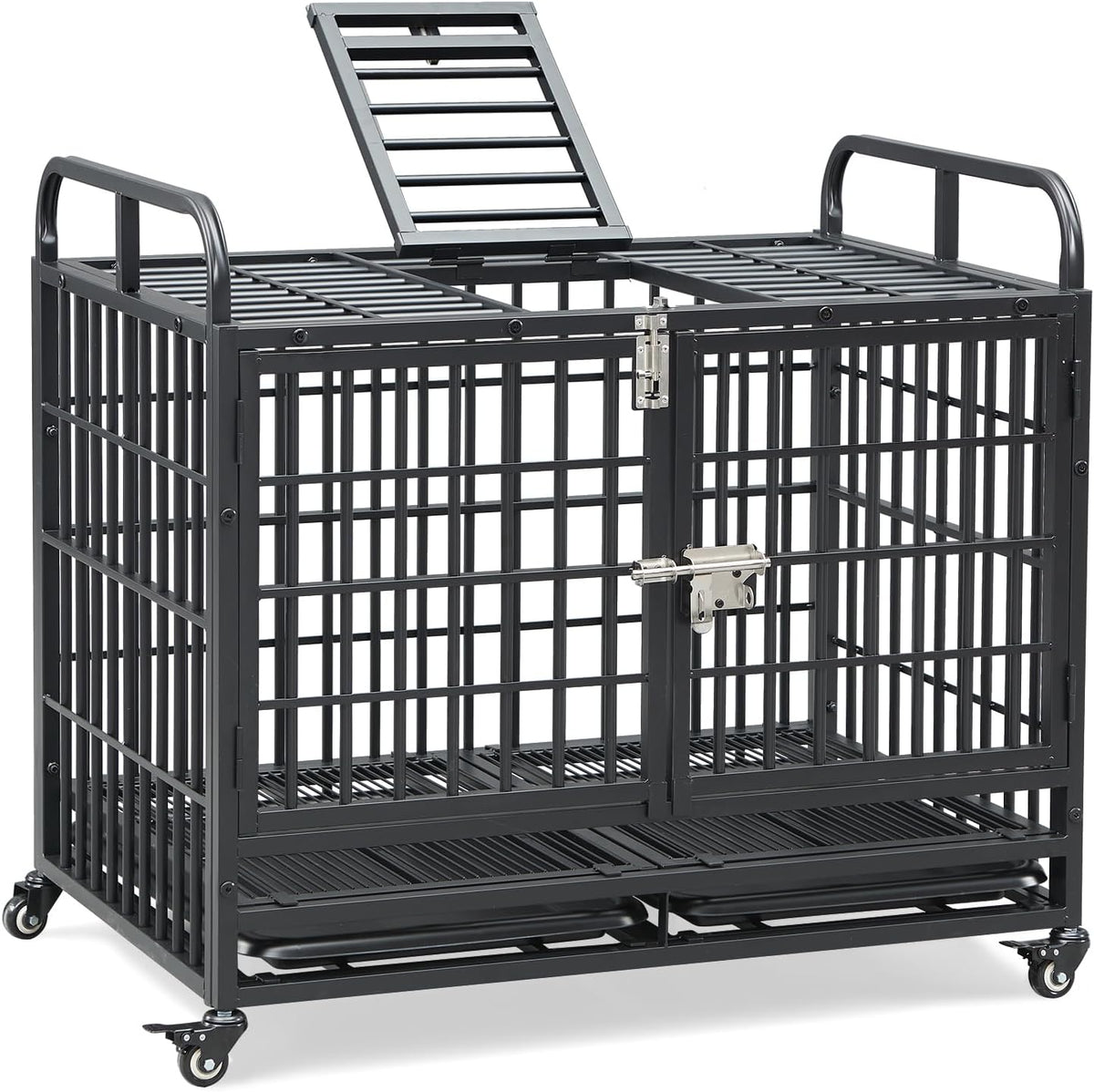 Black heavy duty metal dog crate with top door, feed door and wheels
