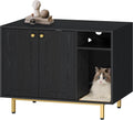 Black and gold wooden litter box cabinet with storage and sisal mat
