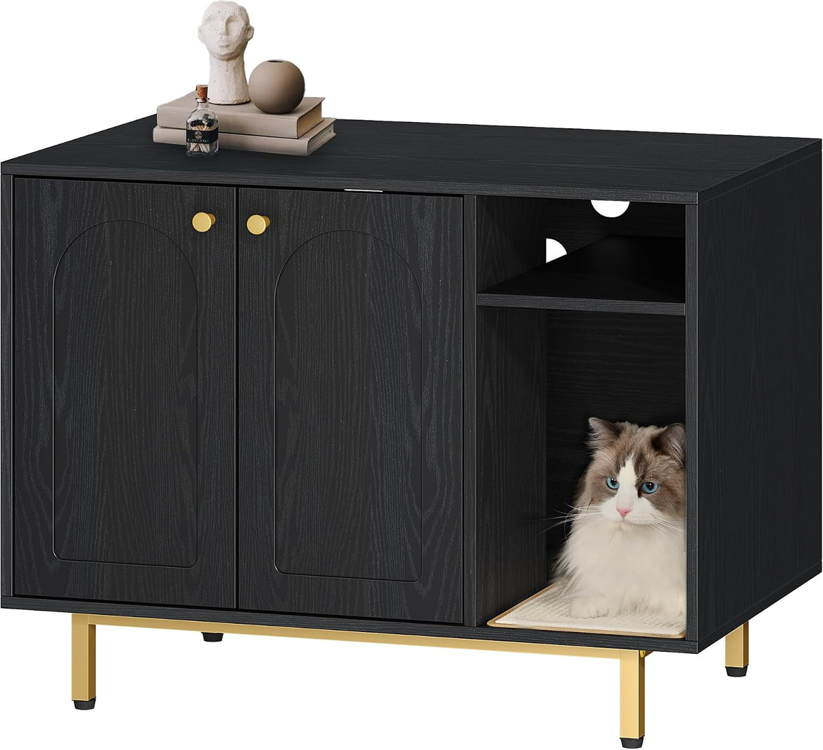 Black and gold wooden litter box cabinet with storage and sisal mat