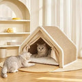 Large Wooden Cat Shelter with Scratching Area, Tent-Style Hideaway Bed