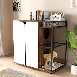 Cat Litter Box Enclosure for 2 Cats, Hidden Furniture with Storage and Scratch Mat, Brown