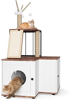 48.8" Wooden Cat Tree with Hidden Litter Box Enclosure and Storage Cabinet, 2-in-1 with Scratching Post, Toy Balls and Play