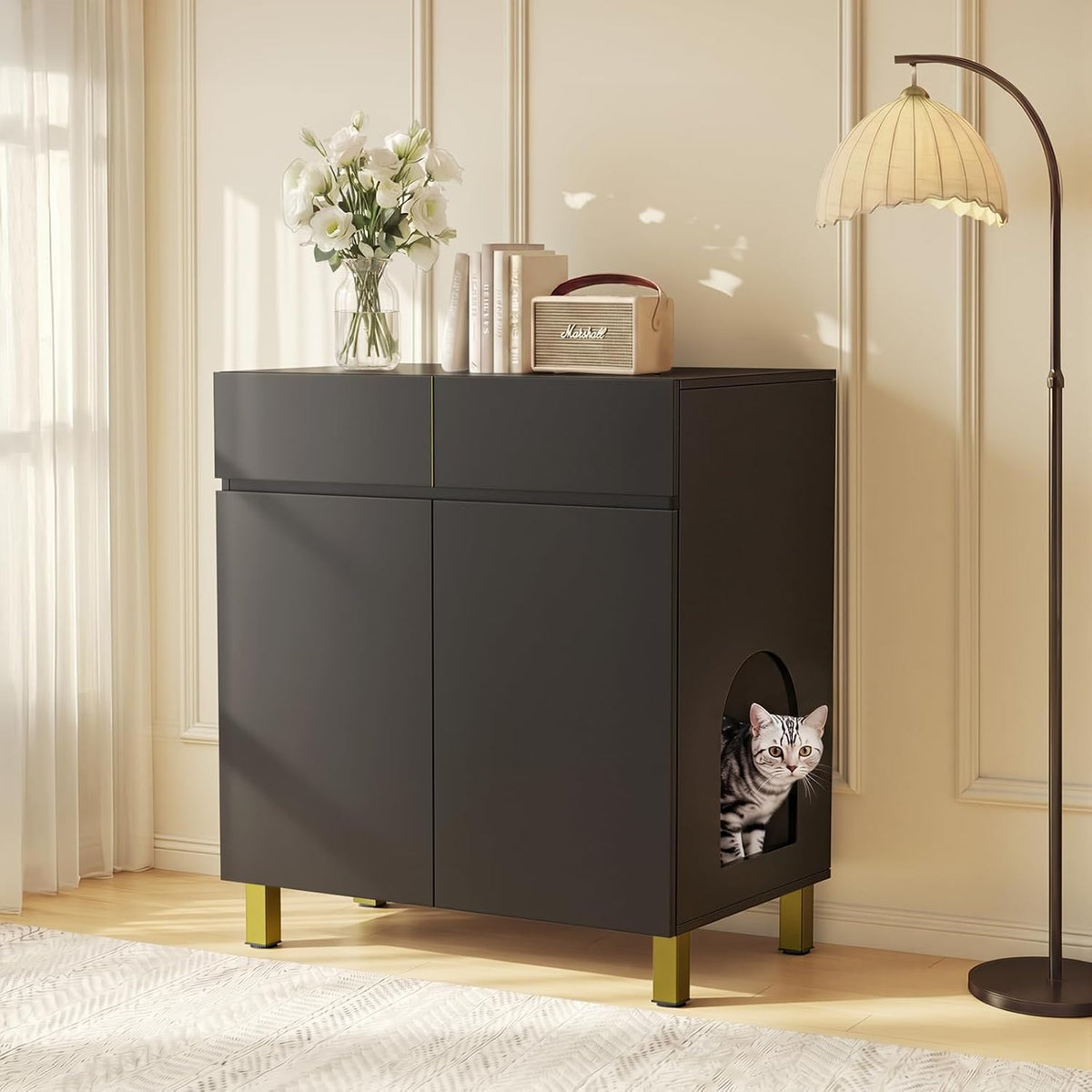 Walnut fluted hidden litter box cabinet – view 2