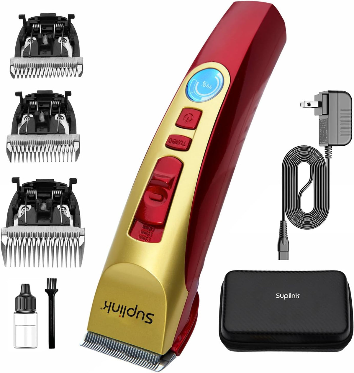 Cordless dog grooming clipper with interchangeable blades and storage bag