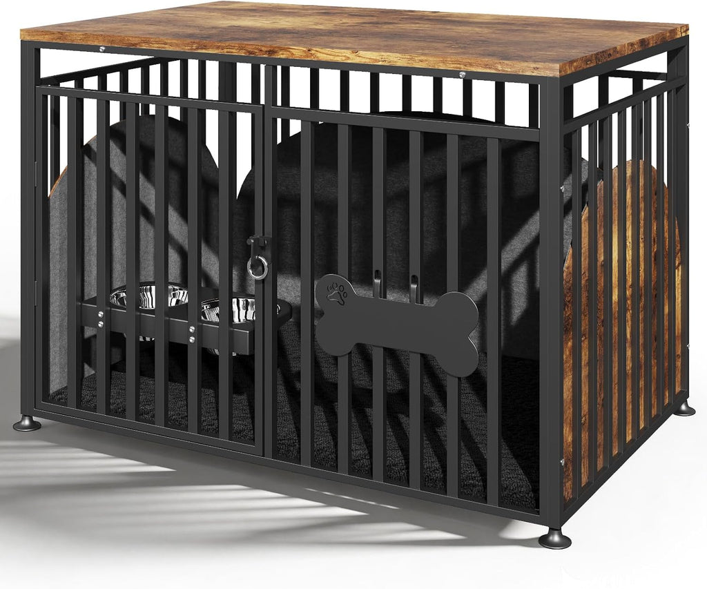 Walnut finish furniture-style wooden dog crate with enclosed den design in a living room – view 2