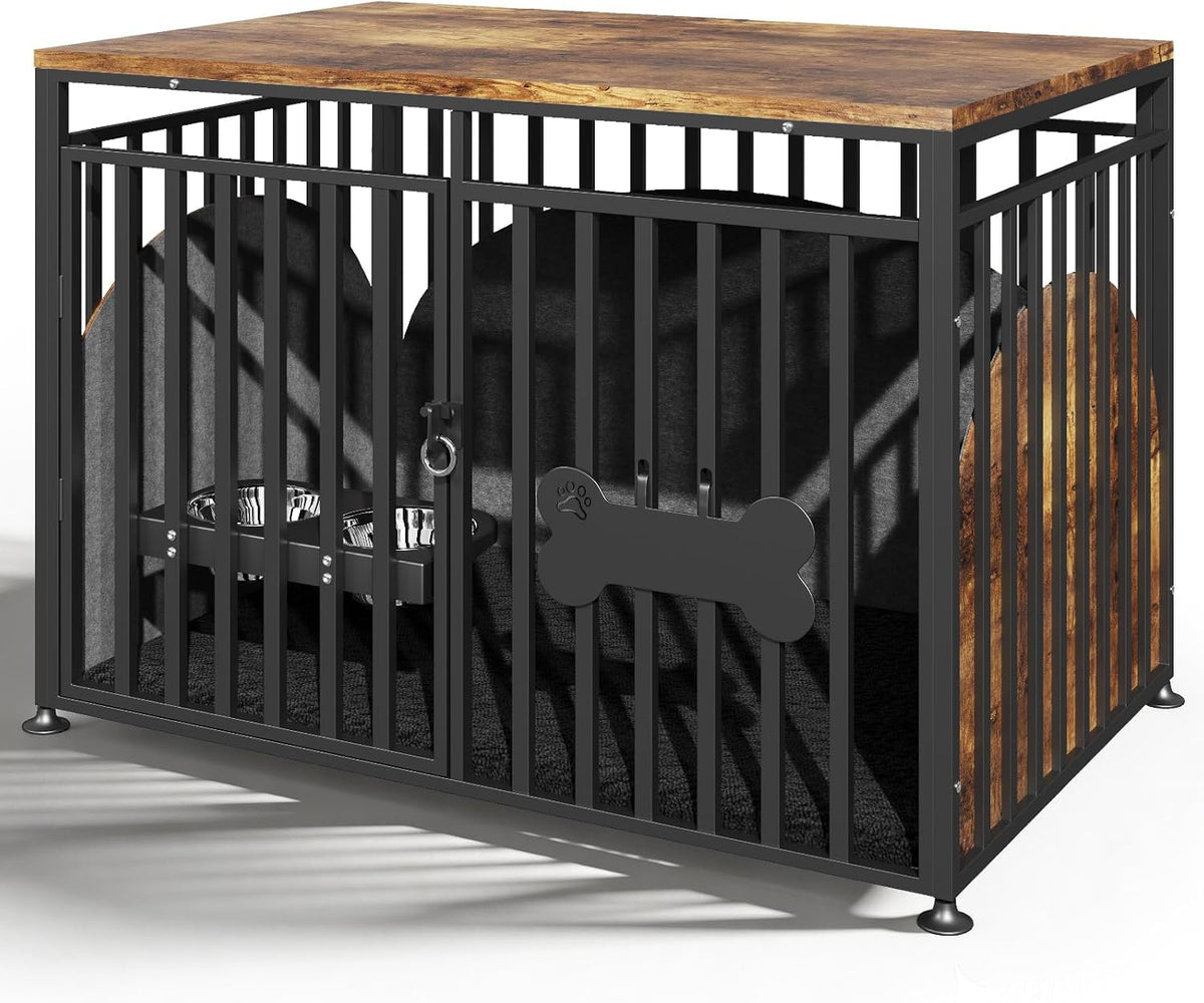 Walnut finish furniture-style wooden dog crate with enclosed den design in a living room – view 2