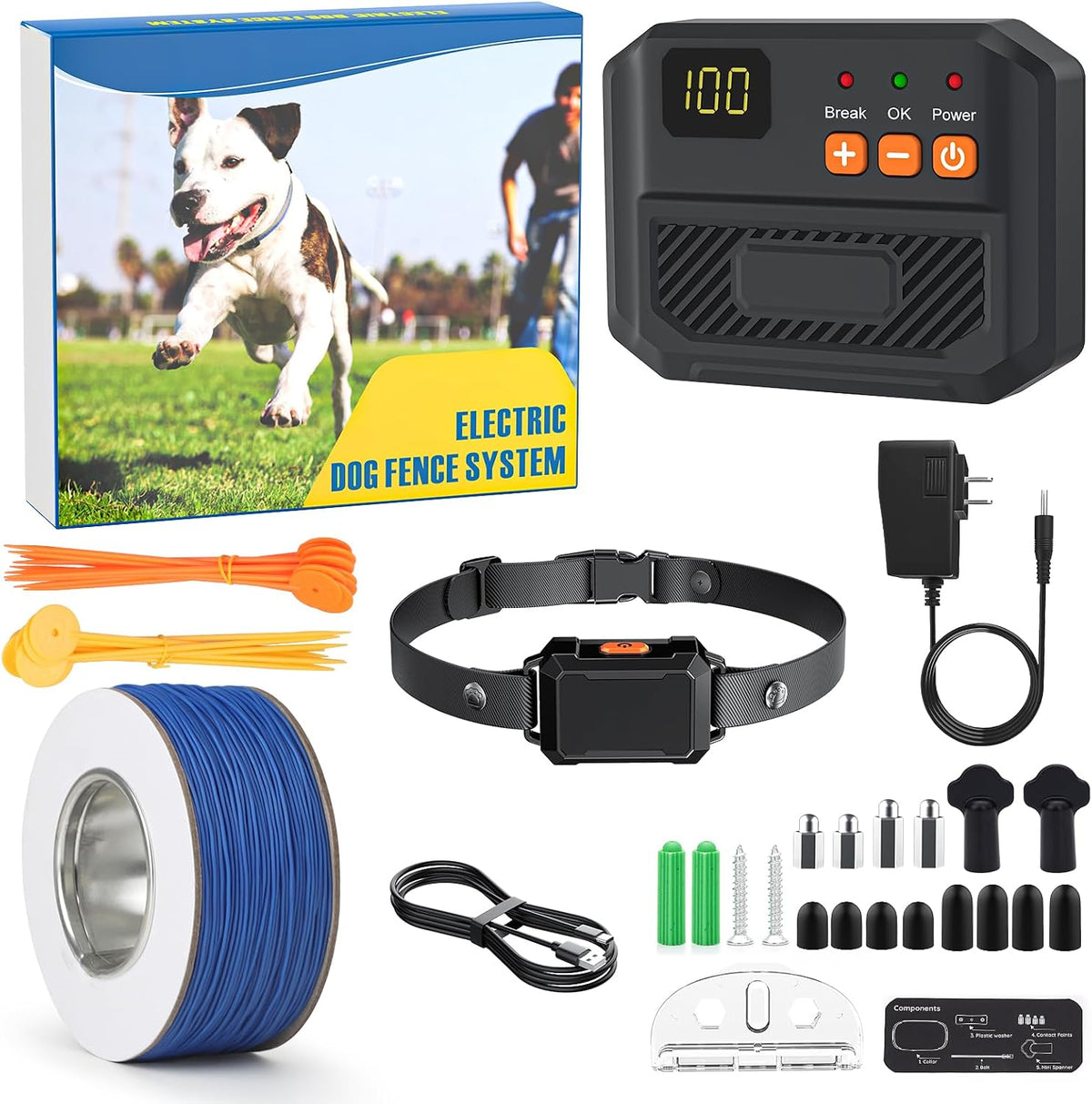 Underground dog fence transmitter with boundary wire and three receiver collars – view 2