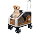 Brown dog stroller with removable soft travel crate on metal frame