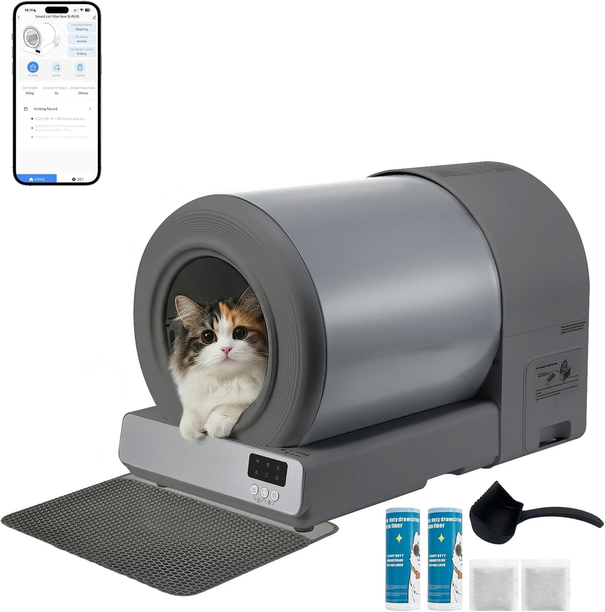 Grey stainless steel self-cleaning litter box with low front entry – view 2