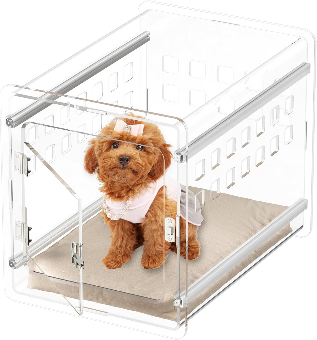 Clear acrylic pet crate end table with lockable door