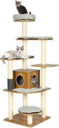 Brown 69 inch wooden cat tree with eight levels and condo