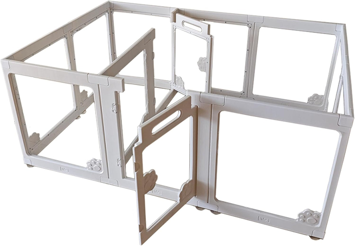 Clear acrylic pet playpen with white frame and two gates set up indoors