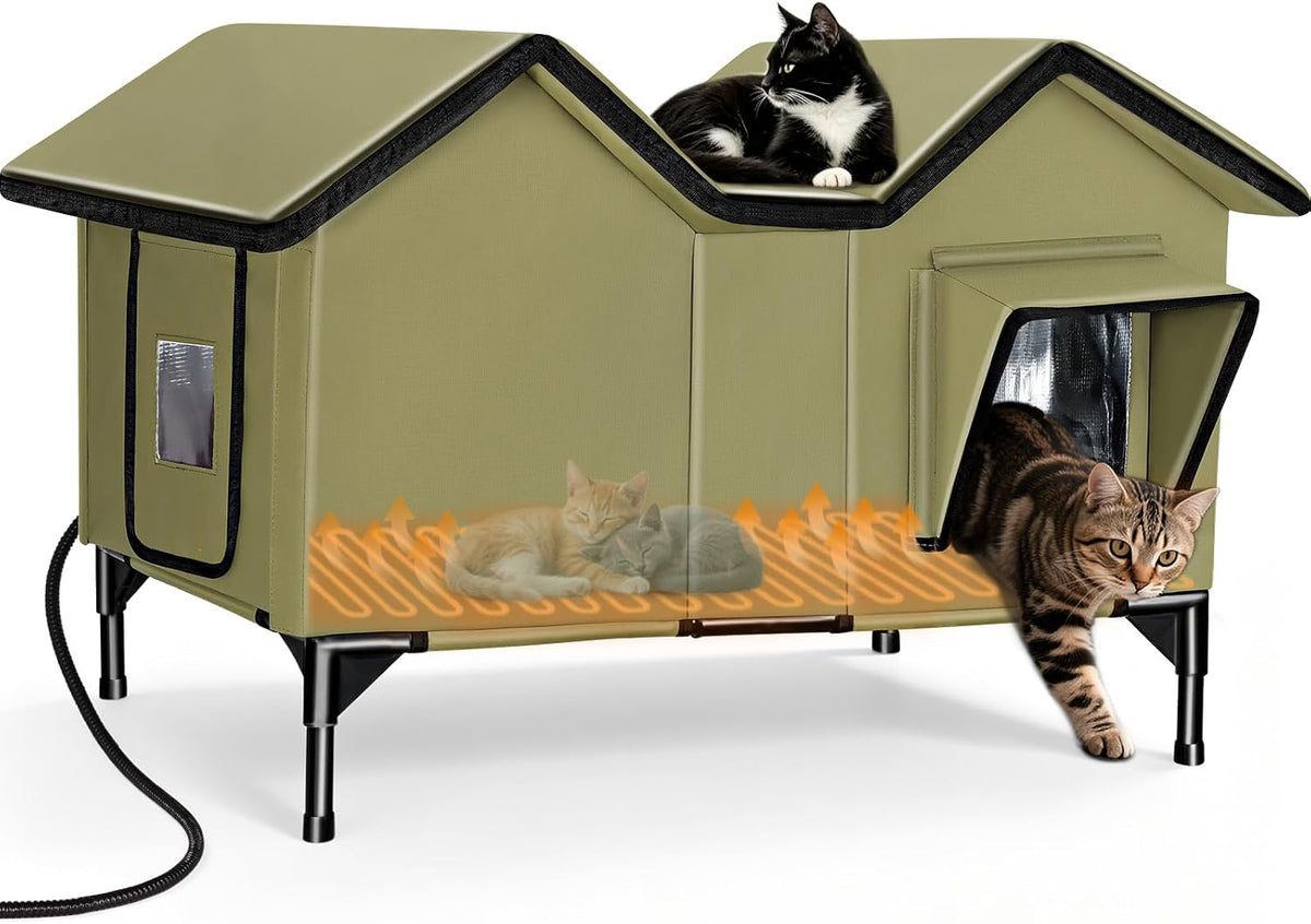 Tan heated outdoor cat house with two doors – view 2