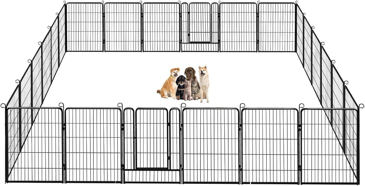Black 40 inch metal dog playpen with fourteen panels set up in a yard – view 3