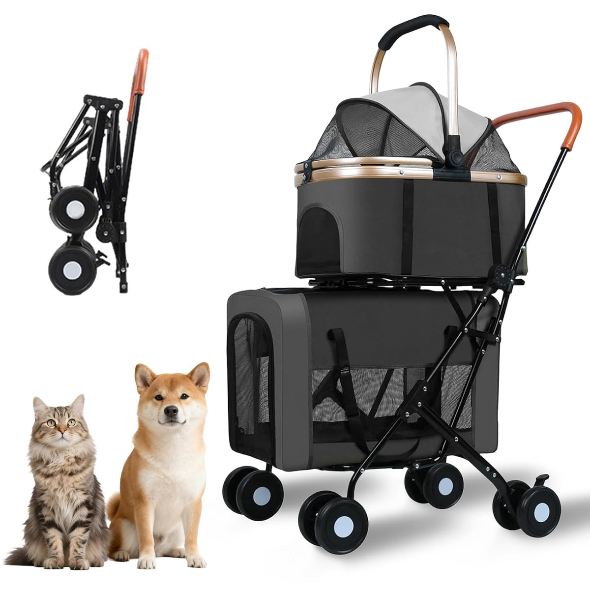 Gray portable double pet stroller with detachable carrier – view 7