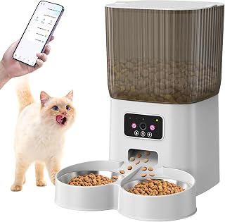 Automatic Cat Feeder with Camera, 5L, 1080P HD Video, Two-Way Audio, Dual Stainless Steel Bowls