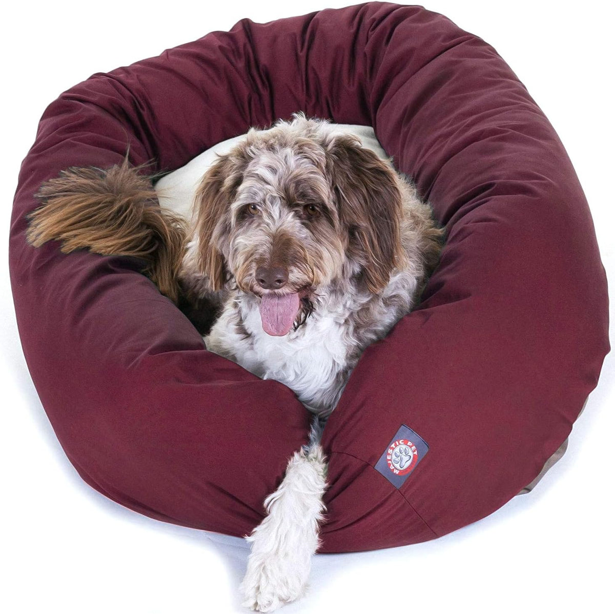 Burgundy extra large sherpa bagel dog bed, 52 inch