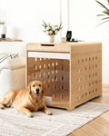 Oak large dog crate end table with acrylic door, drawer and charging station