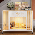 White iron pegboard dog crate furniture with LED lights and wheels