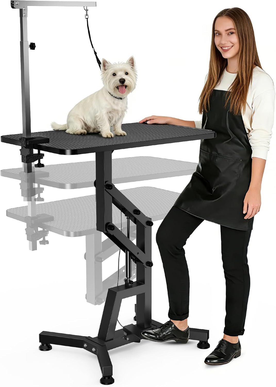 Black 31 inch hydraulic dog grooming table with adjustable arm