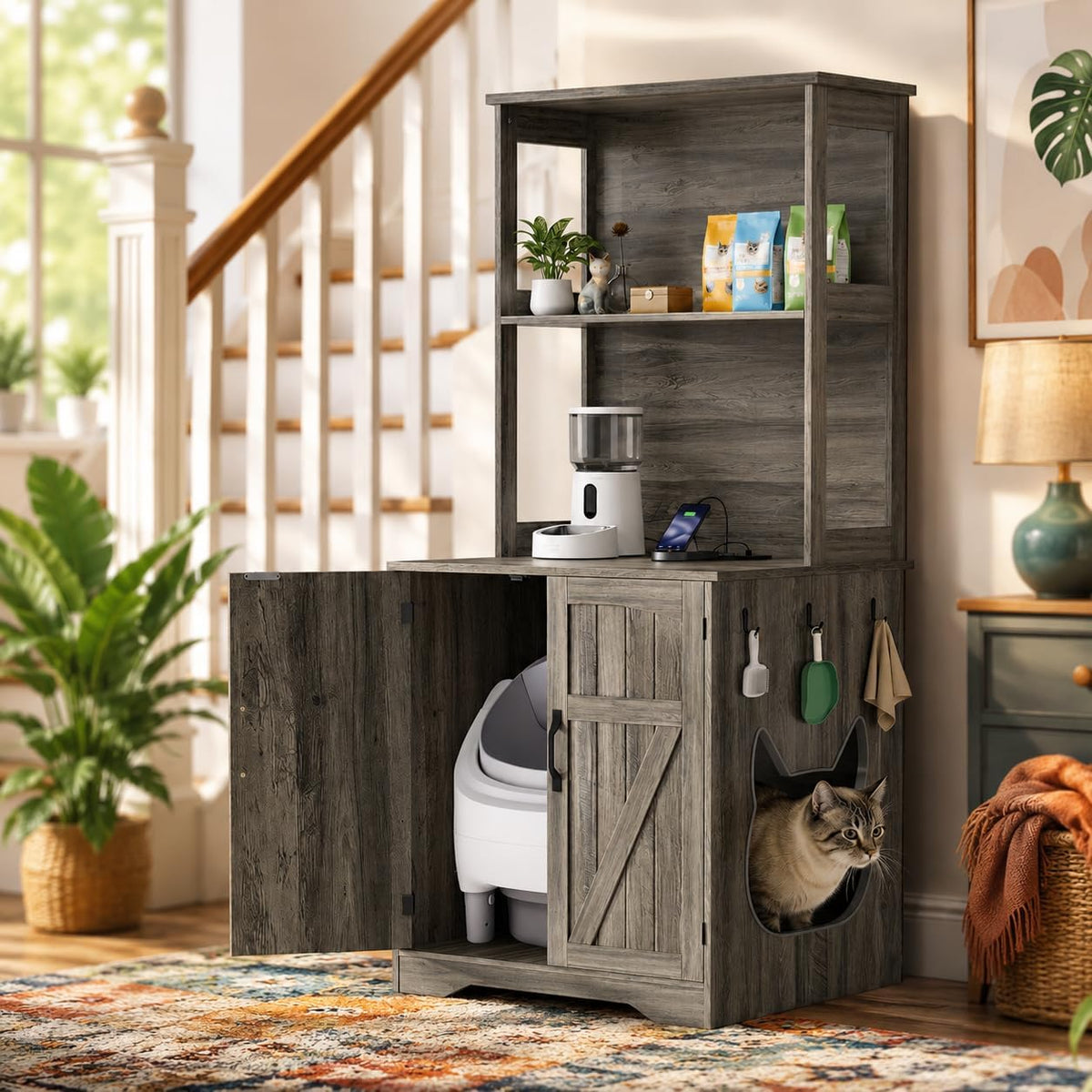 Gray litter box enclosure cabinet with magnetic doors