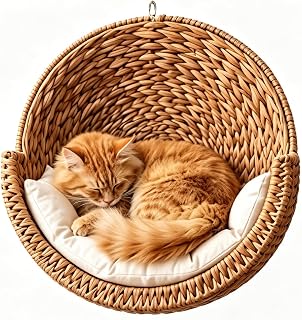 Wall Mounted Cat Bed with Cushion, Hanging Cat Hammock, Natural, Set of 3