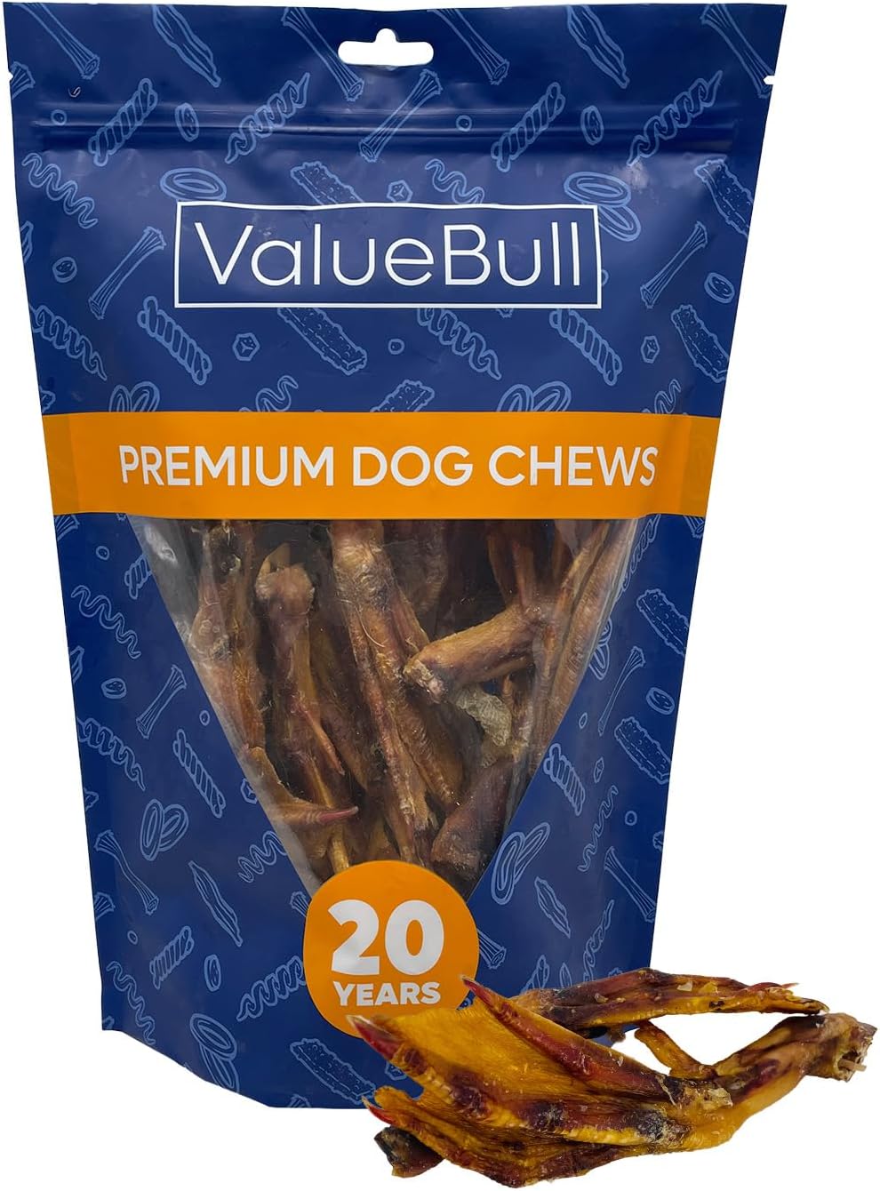 Pile of dried duck feet dog chews from a bulk pack – view 2