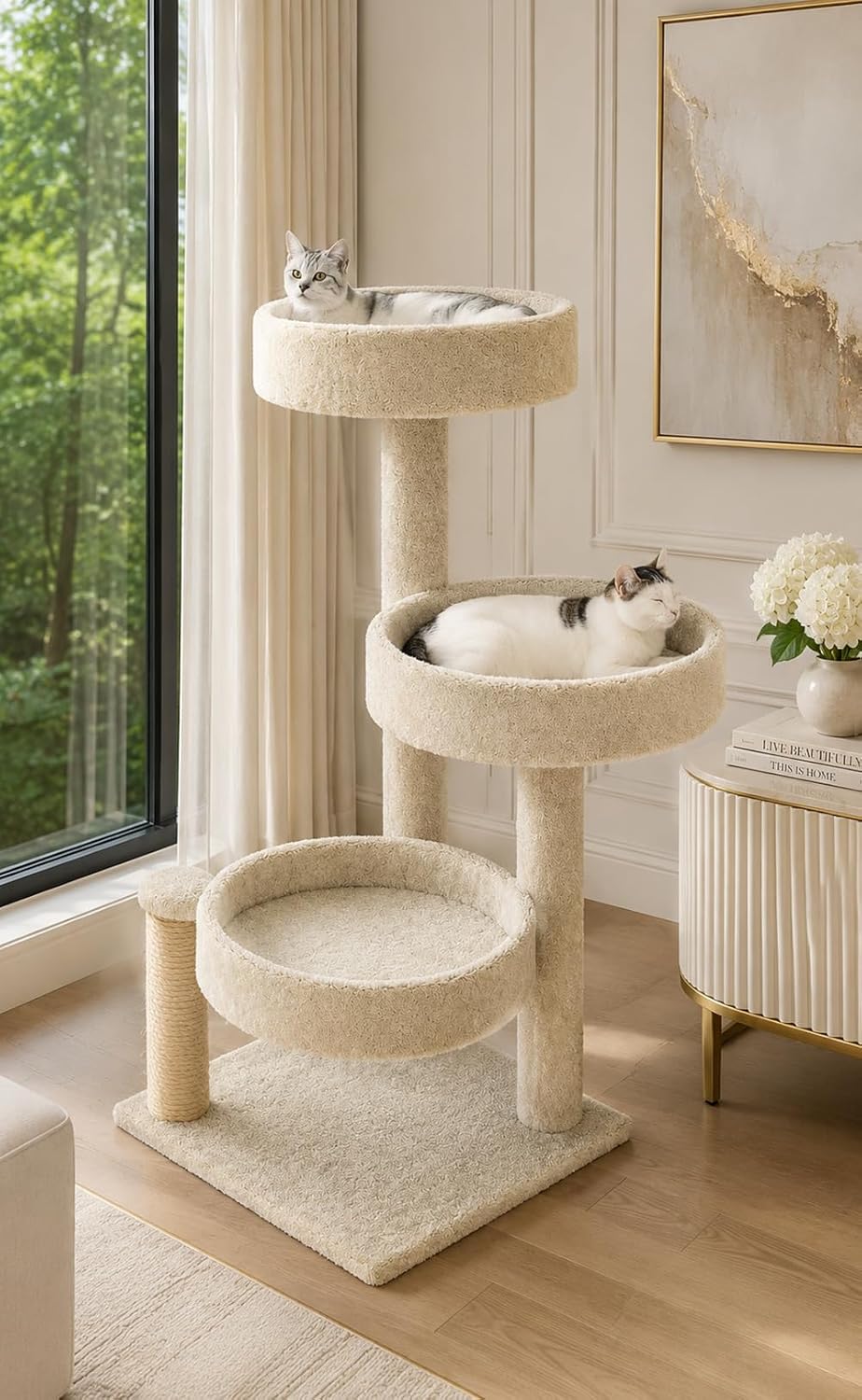 Extra-large carpeted solid wood cat tree with multiple levels