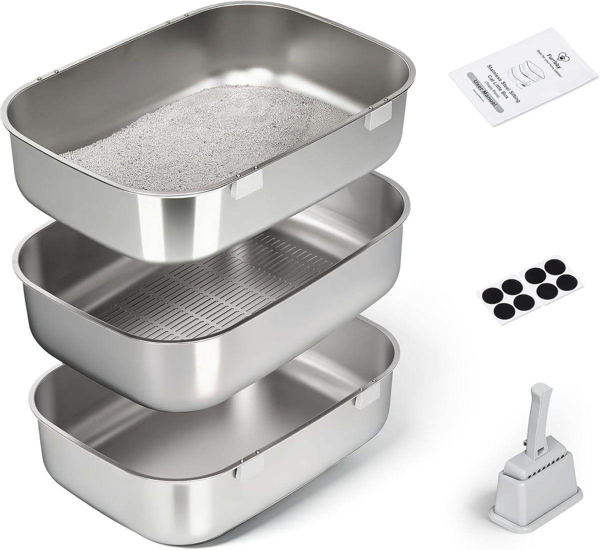 Stainless steel triple pan sifting cat litter box – view 2