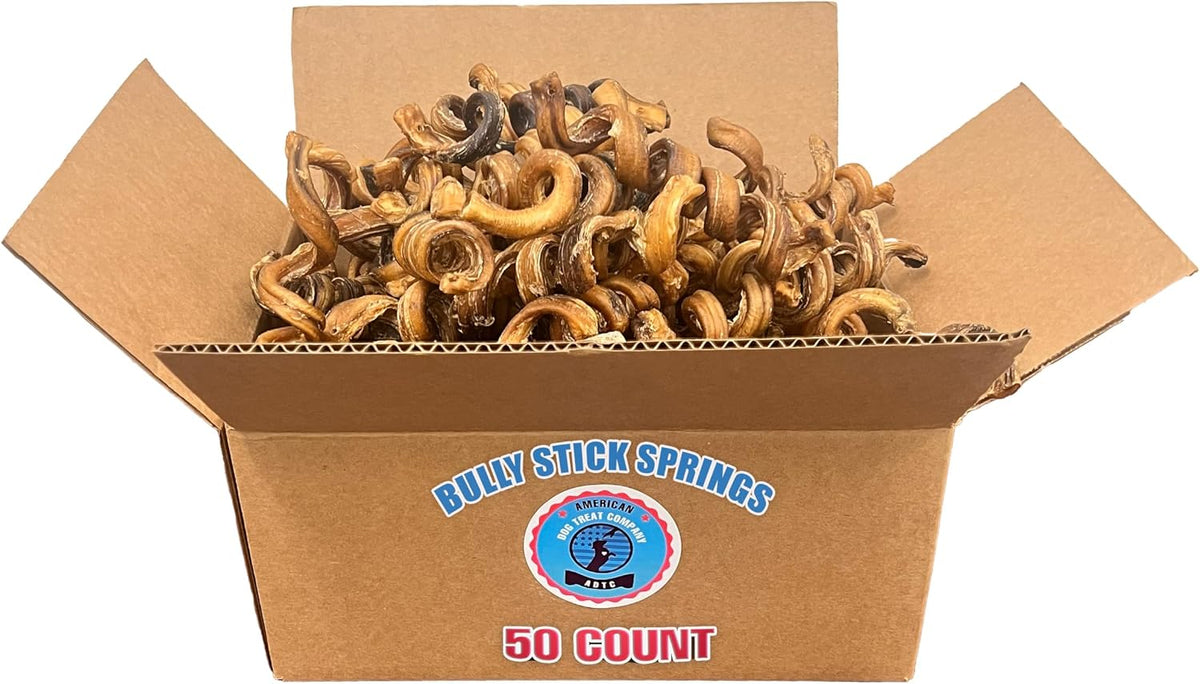 Bulk pack of spring-shaped beef bully sticks for dogs