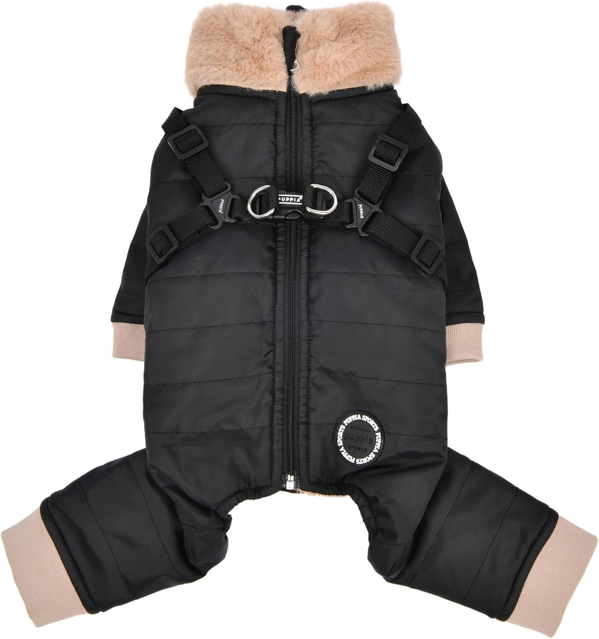 Pink full-zip winter dog jumpsuit with boa trim and built-in harness – view 3